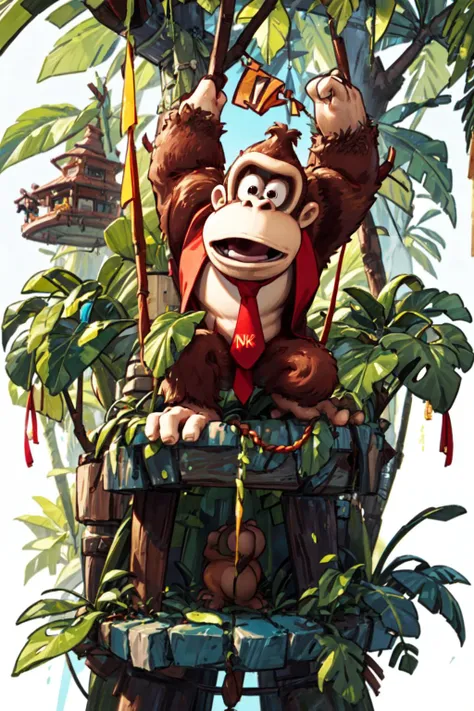 solo, jungle, tree house, <lora:add_detail:0.7>, <lora:dkong-09:0.6>, dkong, red necktie, gorilla, furry, no humans, brown fur, donkey kong, <lora:SM(120R):0.8>, in the style of SM, <lora:tachi-e:1>, white background, full body,