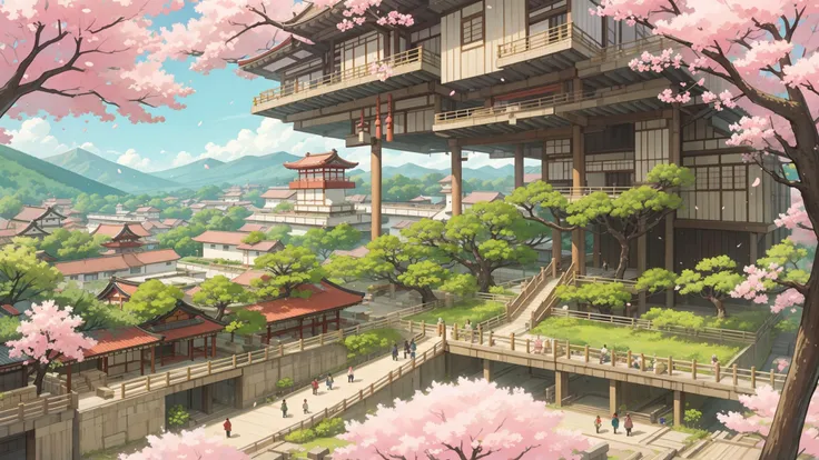 Landscape, Edo period, (Very gigantic multi-storey building complex:1.4), (Multi-storey structure:1.2), Mysterious Shinto facilities in the mountains, Many people passing through the city, Shot from a great distance, View from the sky, Merged with nature, Cherry blossoms in full bloom