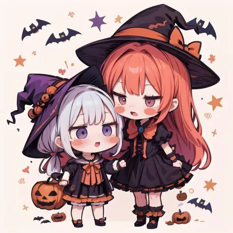 2girls,chibi,<lora:AppleCheek:1.2> ,applecheek,witch hat, (halloween:1.2),(frilled halloween costume),, <lora:boldline:-0.3> ,<lora:flat2:-0.5> ,cheek-to-cheek, trick or treat,