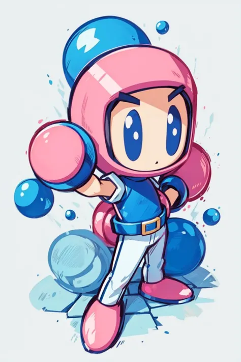 thick outlines, comics, photorealistic, 1boy, solo, <lora:Bomberman White-Bomber:0.7>, Bomberman, eyebrows, white helmet, colorful, white arms, round pink hand, blue shirt, belt, pink shoes, grassfield, stone pillars, detailed background, detailed face, detailed eyes, <lora:add_detail:0.7>