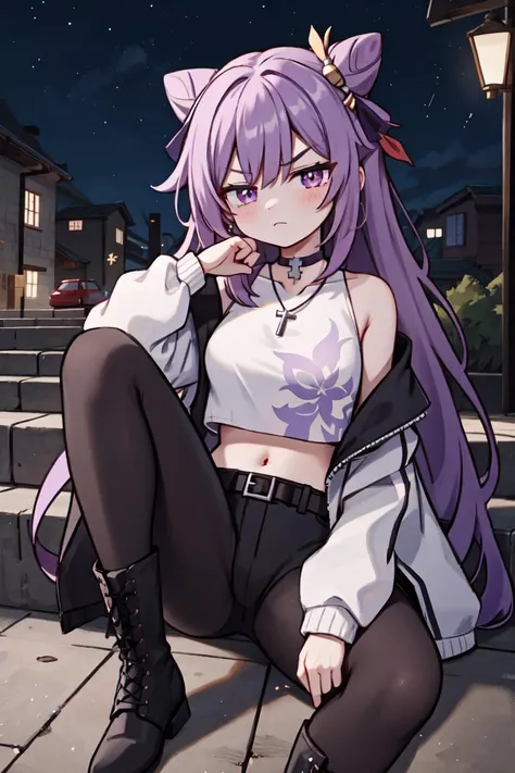 1girl, solo, sitting, spread legs,midriff,
<lora:keqing_lion_optimizer_dim64_loraModel_5e-3noise_token1_4-3-2023:0.7>, keqing \(Genshin impact\), purple eyes, diamond-shaped pupils, purple hair, long hair, cone hair bun, double bun, bangs,
closed mouth, staring, looking at viewer, V-shaped eyebrows, frown,
necklace, hand on own knee,
black pantyhose, long sleeves, choker, crop top, white crop top, white shirt,
breasts, navel, cross-laced, skin tight, shiny, skindentation,
white jacket, open jacket, coat, jacket on shoulders, off shoulder,
black shorts, belt,
boots, black footwear, combat boots,
sitting on stairs, stairs,
city, street, graffiti, brick wall, building, alley, night, night sky, shadow,, weird atmosphere, (best quality:1.1), (masterpiece:1.2), high quality shadow, beautiful detailed, (high detailed skin, skin details), (wide_landscape, 8k), beautiful face, detailed eyes, depth of field, dramatic light, best quality, highres, best shadow, best illumination,