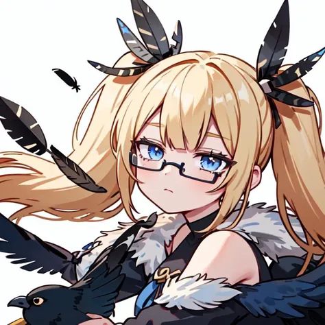 1girl, solo, cowboy shot,
<lora:laplace-nvwls-v1:0.75>, laplace, blonde hair, blue eyes, twintails, hair ornament, blue ribbon, colored eyelashes,
staring, closed mouth,
glasses, black dress, off shoulder, fur coat, loose socks,
looking at viewer,
(crow, feathers, black feathers, falling feathers, feathers:1.3),
simple background, white background,, weird atmosphere, (best quality:1.1), (masterpiece:1.2), high quality shadow, beautiful detailed, (high detailed skin, skin details), (wide_landscape, 8k), beautiful face, detailed eyes, depth of field, dramatic light, best quality, highres, best shadow, best illumination,