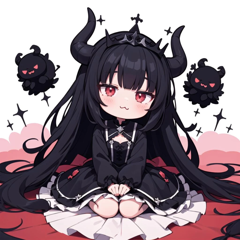 1girl,fantasy devil king black tiara black and red long layered frilled dress long sleeves,kawaii,:3,