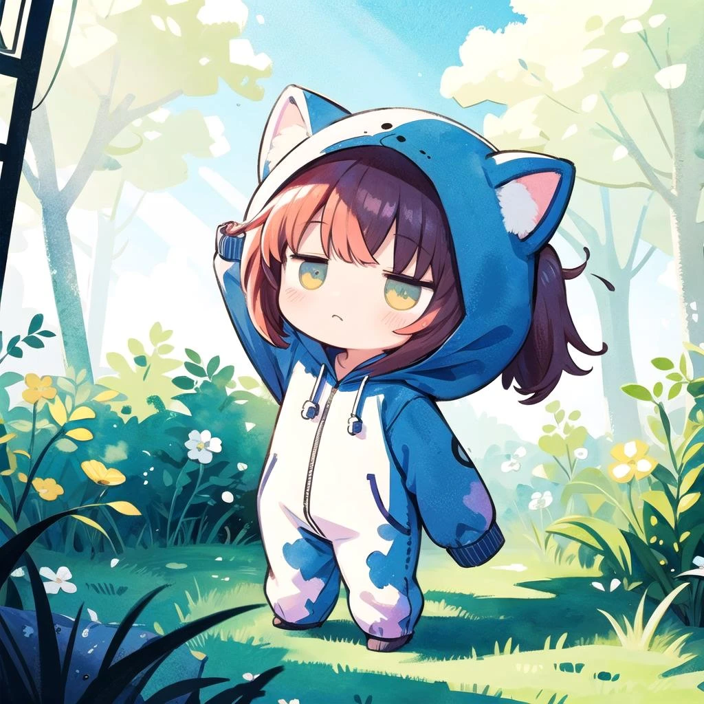(chibi:1.2),kigurumi,<lora:boldline:-0.5> ,watercolor,<lora:hotarueye_jitome9_v100:1> ,standing, sunlight, (work:1.2)