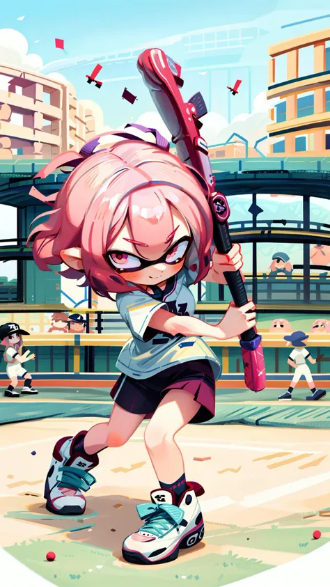 masterpiece, best quality, gouache, blush, Upturned eyes, Pink hair, soft hair texture, medium hair , <lora:more_details:0.7>, <lora:noline:1>, <lora:HerrscherAGGA2023_SD_Splatoon_Inkling_LORA_V1:1>, concentration line, (girl enjoying baseball, Girl hitting a ball with a Baseball bat:1.4), Large crowd of spectators in Stadium, full body