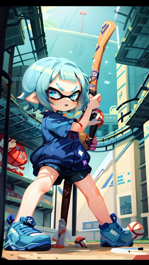 masterpiece, best quality, low poly, angry, Lively eyes, Light blue hair, oily hair texture, medium hair , <lora:more_details:0.7>, <lora:noline:1>, <lora:HerrscherAGGA2023_SD_Splatoon_Inkling_LORA_V1:1>, concentration line, (girl enjoying baseball, Girl hitting a ball with a Baseball bat:1.4), Large crowd of spectators in Stadium, full body