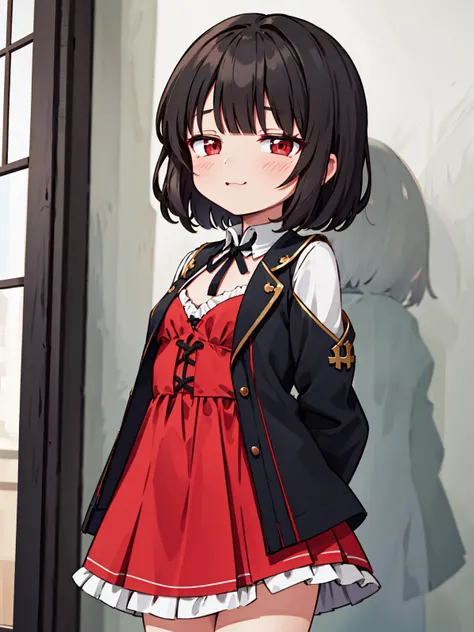 1girl, solo, <lora:FairyGirl:0.5>, fairygirl, black hair, red eyes, teenage, short hair, small breasts, cross-laced clothes, juliet sleeves, open jacket, frilled dress, red dress, open clothes, frills, black jacket, standing, arms behind back, <lora:MESUGAKI_TEST2:0.5>, smug, looking at viewer