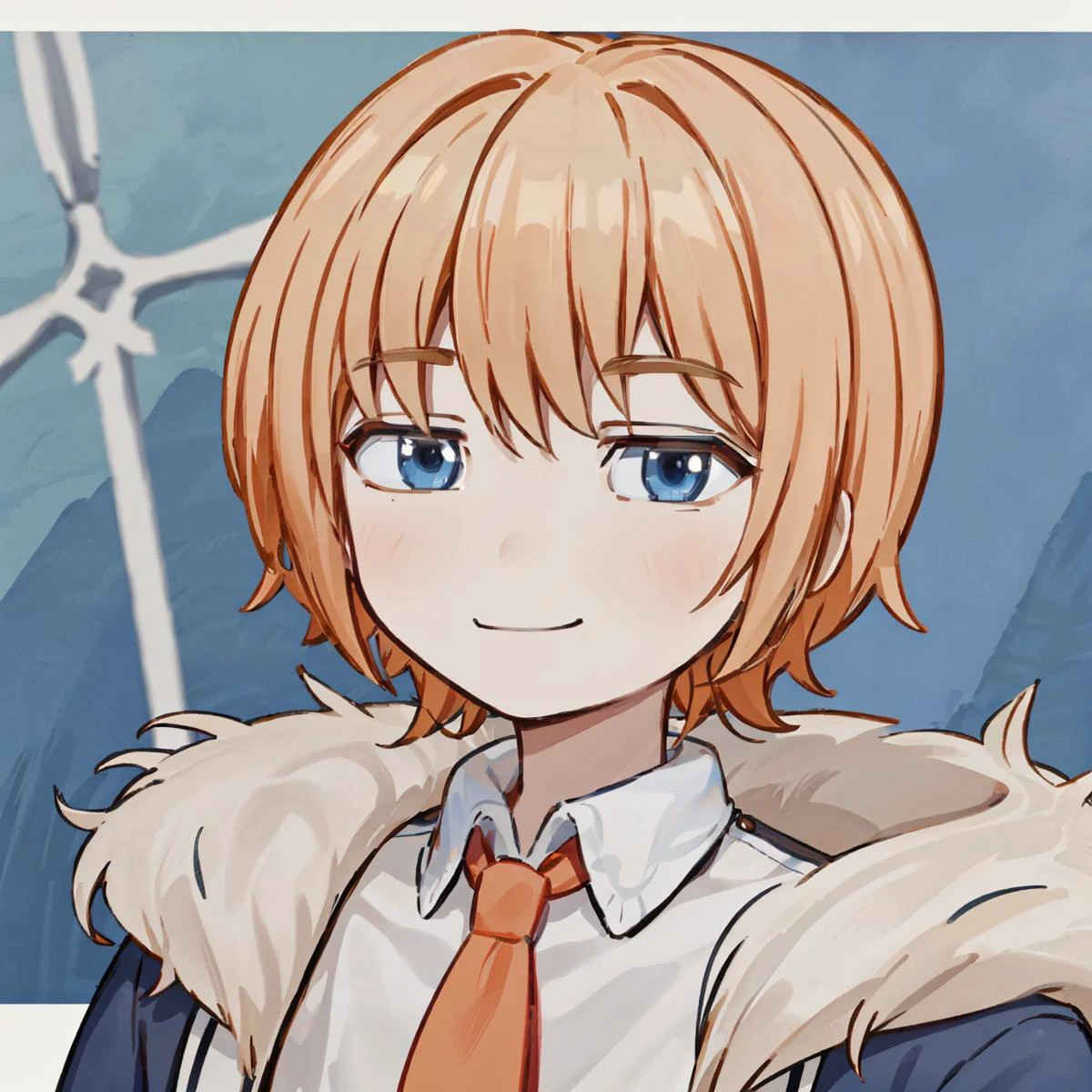 1boy, male focus, solo, fur trim, fur-trimmed jacket, fur collar, looking at viewer, <lora:Senpai_2021_LOCON:0.6>, senpaica2021, blue eyes, orange hair, short hair, <lora:robux-face-v1:0.8>, smile