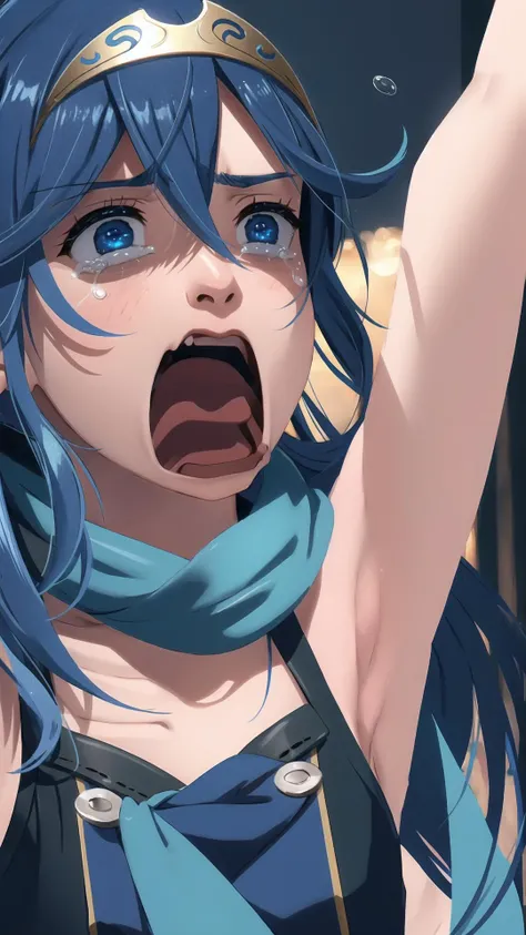 <lora:concept_aquascreaming-16:0.75> aquascreaming, screaming, open mouth, crying with eyes open, BREAK, <lora:lucina-nvwls-v1:0.8> defLucy, 1girl, blue eyes, blue hair, long hair, tiara, blue scarf, masterpiece, best quality, extremely detailed, highly quality, 4k, sharp focus, professional, sharp focus, award winning, cinematic lighting, octane render, unreal engine, volumetrics dtx, Wallpaper,