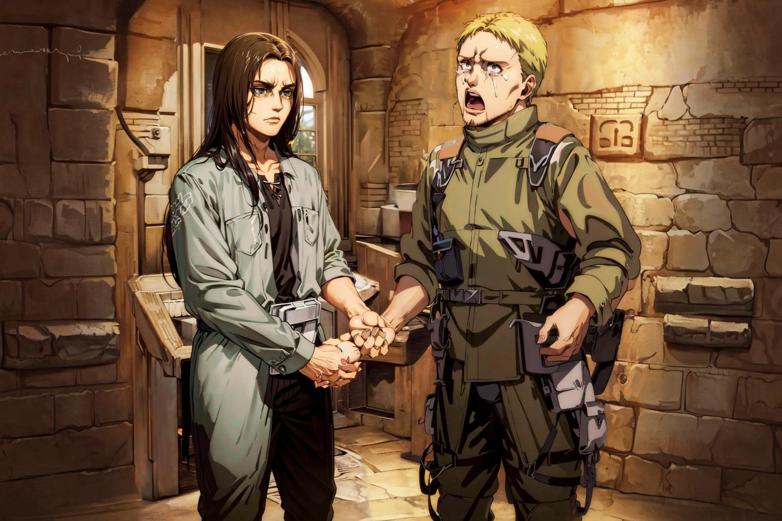 HDR,UHD,8K,best quality,masterpiece,handshake,standing,<lora:YoungMichaelScottShakingEdTrucksHand:1>,BREAK
1boy,,<lora:GoodHands-beta2:1>,,mature male,,,<lora:(character)Reiner titan:0.8>,, reiner_braun, <lora:concept_aquascreaming-16:0.8>, ,aquascreaming,screaming,open mouth,crying with eyes open,BREAK
1boy,<lora:(character)ErenAdtitan:0.8>,,,erenad,,,<lora:GoodHands-beta2:1>,,,mature male,green eyes,long hair