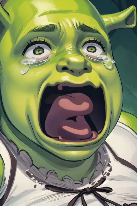 High Quality, Masterpiece, aquascreaming, screaming, open mouth, crying with eyes open, <lora:concept_aquascreaming-16:1>, shrex, green skin, ogre, shrek, <lora:Char_Sigmas_Shrek:0.9>