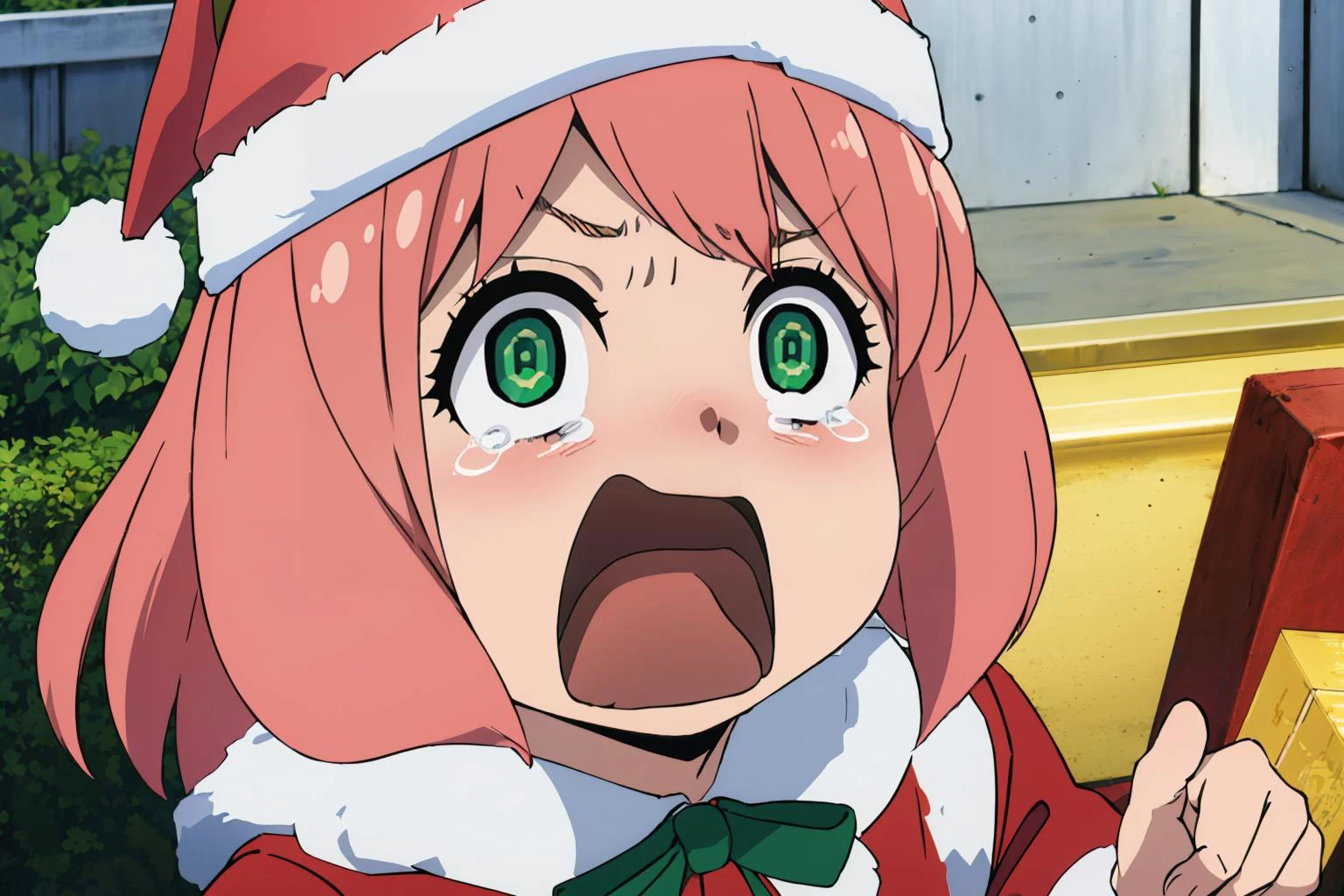 masterpiece, best quality, <lora:SpyxFamilyAnya-v1-07:0.8> ChopioAnya, pink hair, medium hair, green eyes, hairpods, ahoge, (looking at viewer:1.3), female , santa hat, santa costume, fur trim, buttons, bell, ribbon, <lora:concept_aquascreaming-16:0.8> aquascreaming, screaming, open mouth, crying with eyes open
