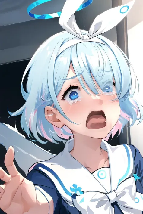 (masterpiece, best quality:1.2), aquascreaming, 1girl, solo, arona, halo, short hair, school uniform, blue shirt, screaming, white hairband, open mouth, crying with eyes open, <lora:concept_aquascreaming:1> <lora:chara-arona-v1:1>