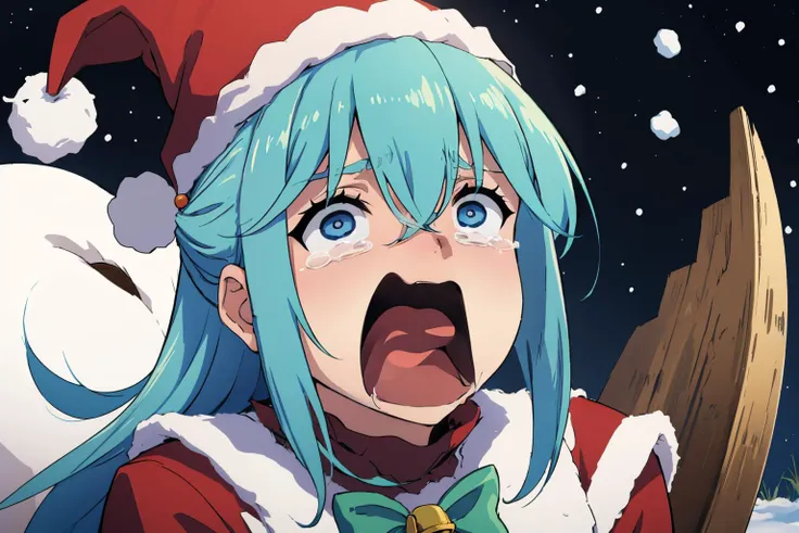 masterpiece, best quality,   <lora:konosuba_aqua-10:0.9> ksaqua, santa hat, santa costume, fur trim, bell, green ribbon, winter, snow <lora:concept_aquascreaming-16:0.8> aquascreaming, screaming, open mouth, crying with eyes open