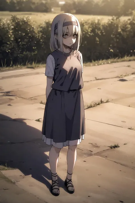 1girl, medium hair, <lora:ymir:0.8>, standing, empy eyes, headband, arms behind back