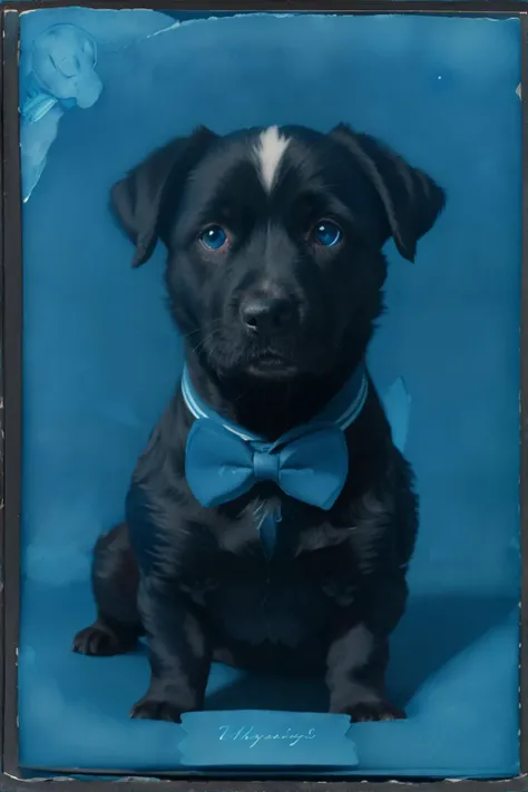 <lora:cyanotopia:1.0>, algae_cyanotype, portrait of a puppy dog wearing a bowtie, masterpiece, 8k, high resolution, shallow depth of field, sharp focus