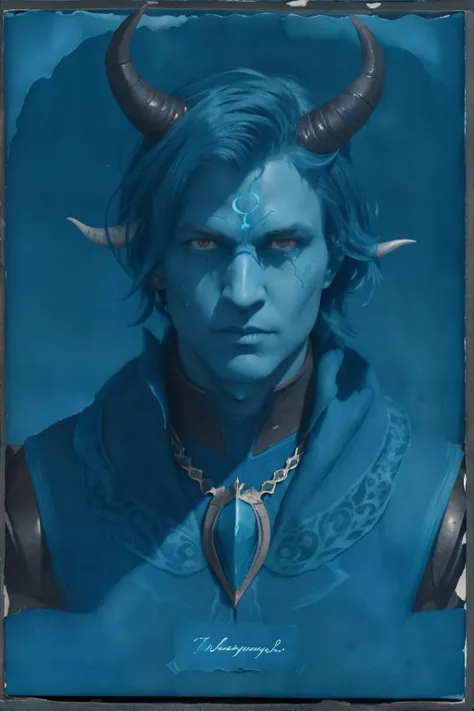 <lora:cyanotopia:1.0>, algae_cyanotype, portrait of tiefling man, devil horns, masterpiece, 8k, high resolution, shallow depth of field, sharp focus