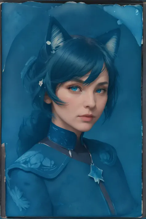 <lora:cyanotopia:1.0>, algae_cyanotype, portrait of woman with cat ears, masterpiece, 8k, high resolution, shallow depth of field, sharp focus