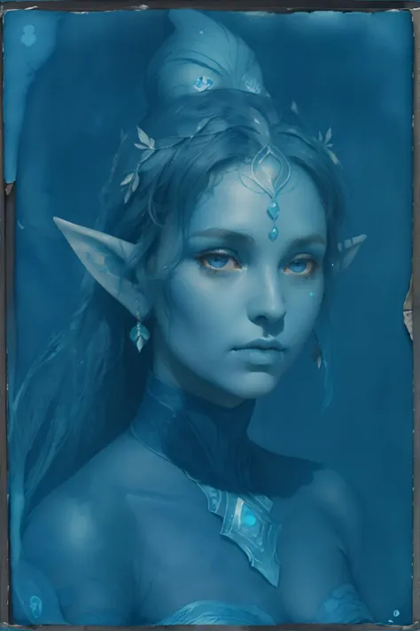 <lora:cyanotopia:1.0>, algae_cyanotype, portrait of an elf woman, masterpiece, 8k, high resolution, shallow depth of field, sharp focus