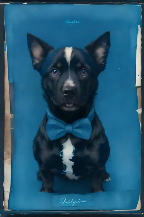 <lora:cyanotopia:1.0>, algae_cyanotype, portrait of a puppy dog wearing a bowtie, masterpiece, 8k, high resolution, shallow depth of field, sharp focus
