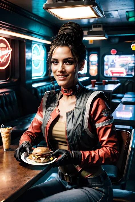 panam palmer, solo, black bun hair,cropped jacket, fingerless gloves, belt, choker, jeans, collar, vest, leotard, makeup, open jacket, looking at viewer, happy, laughing,
interior of a futuristic diner, neon lighting, sitting, table, eating a hamburger, french fries, romantic ambiance, extreme detail, hdr, <lora:more_details:.5> <lora:panam_palmer:.8>
