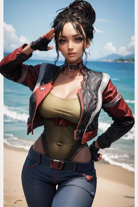 (masterpiece, best quality:1.2), <lora:panam_palmer:.9>, panam palmer, 1girl, solo, black hair, gloves, pants, jacket, fingerless gloves, denim, belt, choker, jeans, collar, vest, nose, lips, large breasts, leotard, black gloves, breasts, hair bun, cropped jacket, makeup, open jacket, open clothes, thigh gap, beach, looking at viewer, ocean, cowboy shot, outdoors, salute