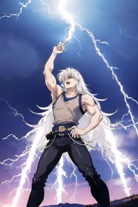 masterpiece, best quality,1man,<lora:GoodHands-vanilla:0.8> <lora:anmnr01:0.3> <lora:add_detail:0.5>, night,(lightning ,thunder bolt,thunder),<lora:dark_schneider_BASTRAD!!:0.7>,dark schneider,long white hair, muscular male,(shoulder armor,roar,fang), belt, black pants, (brown shirt, sleeveless shirt:1.2),stretch arms front,fullbody, <lora:Trovao:0.7>