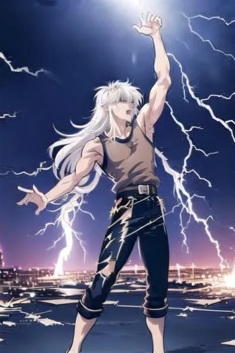 masterpiece, best quality,1man,<lora:GoodHands-vanilla:0.8> <lora:anmnr01:0.3> <lora:add_detail:0.5>, night,(lightning ,thunder bolt,thunder),<lora:dark_schneider_BASTRAD!!:0.7>,dark schneider,long white hair, muscular male,(shoulder armor,roar,fang), belt, black pants, (brown shirt, sleeveless shirt:1.2),stretch arms front,fullbody, <lora:Trovao:0.7>,(destroyed floor,destruction,ruin,Catastrophe)