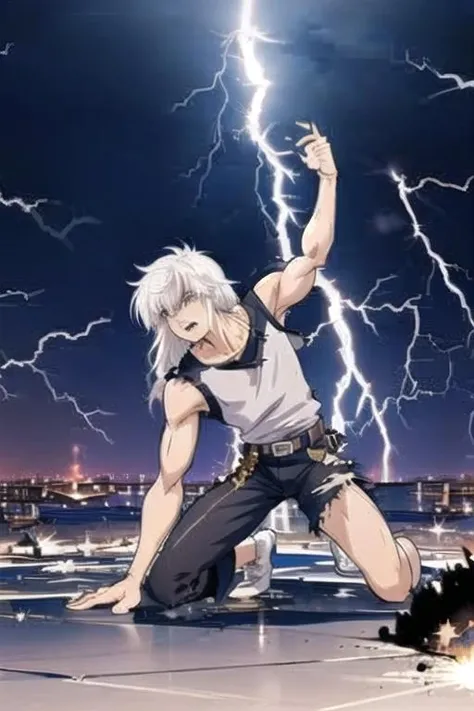 masterpiece, best quality,1man,<lora:GoodHands-vanilla:0.8> <lora:anmnr01:0.3> <lora:add_detail:0.5>, night,(lightning ,thunder bolt,thunder),<lora:dark_schneider_BASTRAD!!:0.7>,dark schneider,long white hair, muscular male,(shoulder armor,roar,fang), belt, black pants, (brown shirt, sleeveless shirt:1.2),stretch arms front,fullbody, <lora:Trovao:0.7>,(destroyed floor ,earthquake,destruction,ruin,Catastrophe)