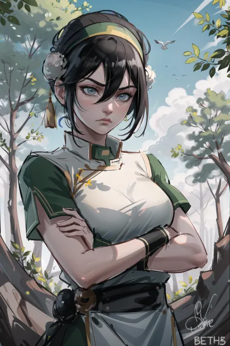 masterpiece, best quality, upper body, solo, 1girl, against tree,
toph beifong, black hair, blind, short hair, hair bun, grey eyes, hairband, chinese clothes, light frown, crossed arms, forest <lora:atla_tophbeifong:0.7>