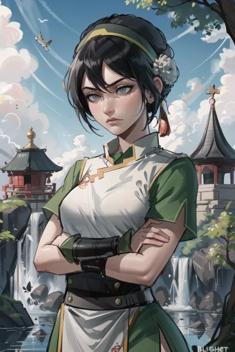 masterpiece, best quality, upper body, solo, 1girl, against tree,
toph beifong, black hair, blind, short hair, hair bun, grey eyes, hairband, chinese clothes, light frown, crossed arms, forest <lora:atla_tophbeifong:0.7>