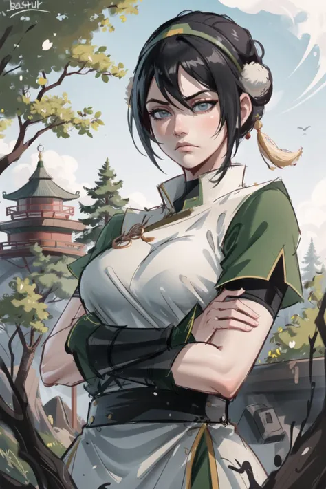 masterpiece, best quality, upper body, solo, 1girl, against tree, 
toph beifong, black hair, blind, short hair, hair bun, grey eyes, hairband, chinese clothes, light frown, crossed arms, forest  <lora:atla_tophbeifong:0.7>