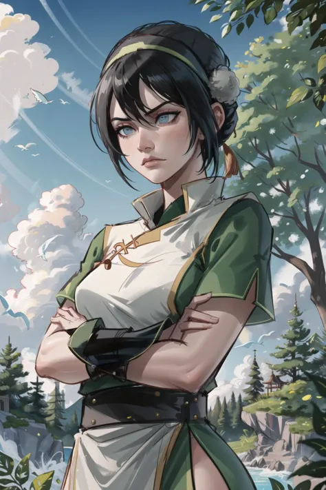 masterpiece, best quality, upper body, solo, 1girl, against tree,
toph beifong, black hair, blind, short hair, hair bun, grey eyes, hairband, chinese clothes, light frown, crossed arms, forest <lora:atla_tophbeifong:0.7>