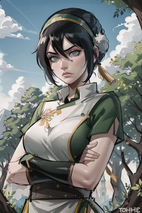 masterpiece, best quality, upper body, solo, 1girl, against tree,
toph beifong, black hair, blind, short hair, hair bun, grey eyes, hairband, chinese clothes, light frown, crossed arms, forest <lora:atla_tophbeifong:0.7>
