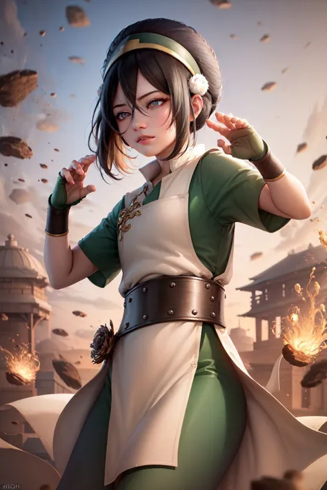 (masterpiece, best quality:1.2), <lyco:atla_tophbeifong-10:1.0>, cowboy shot, solo, 1girl, toph beifong, blind, expressionless, fighting stance, short hair, hair bun, hairband, grey eyes, chinese clothes