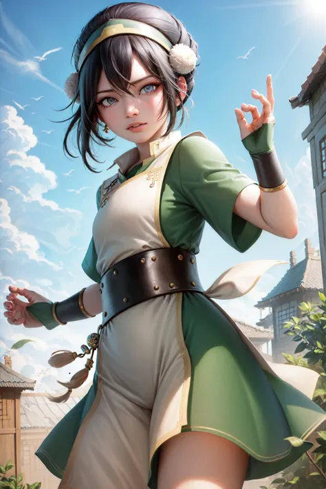 (masterpiece, best quality:1.2), <lyco:atla_tophbeifong-10:1.0>, cowboy shot, solo, 1girl, toph beifong, blind, expressionless, fighting stance, short hair, hair bun, hairband, grey eyes, chinese clothes