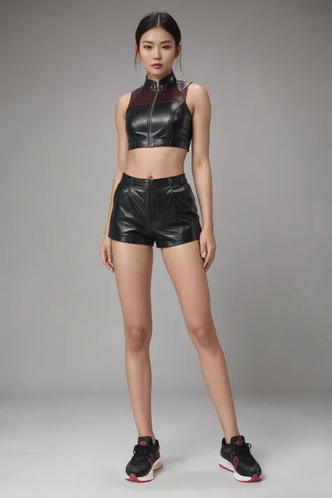 Giang from Vietnam, long (waist-length:1.2) brush-cut [maroon:.4] hair <lora:Leather_Top_Shorts_By_Stable_Yogi:0.8> leather crop top, sleeveless, zipper, midriff, leather shorts, toned body, sneakers