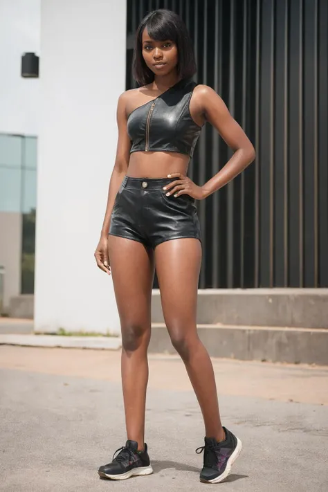 Hanifah from Uganda, medium (shoulder-length:1.2) bangs [violet-black:.3] hair <lora:Leather_Top_Shorts_By_Stable_Yogi:0.8> leather crop top, sleeveless, zipper, midriff, leather shorts, toned body, sneakers