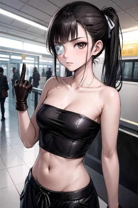 (masterpiece, best quality, detailed), 1girl, solo, looking at viewer, <lora:Sakamoto:0.9>, SakamotoAi, long hair, black hair, brown eyes, medium breasts, ponytail, eyepatch, bangs,
<lora:Leather_Bandeau_Cargo_Pants_By_Stable_Yogi:1> leather bandeau, leather cargo pants, gloves, indoors, train station, people, scenery, <lora:midfinger-left-v2-wasabiya:1>, middle finger, closed mouth