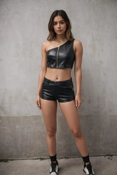Isabella from Colombia, medium (shoulder-length:1.2) wild [noisette:.3] hair <lora:Leather_Top_Shorts_By_Stable_Yogi:0.8> leather crop top, sleeveless, zipper, midriff, leather shorts, toned body, sneakers
