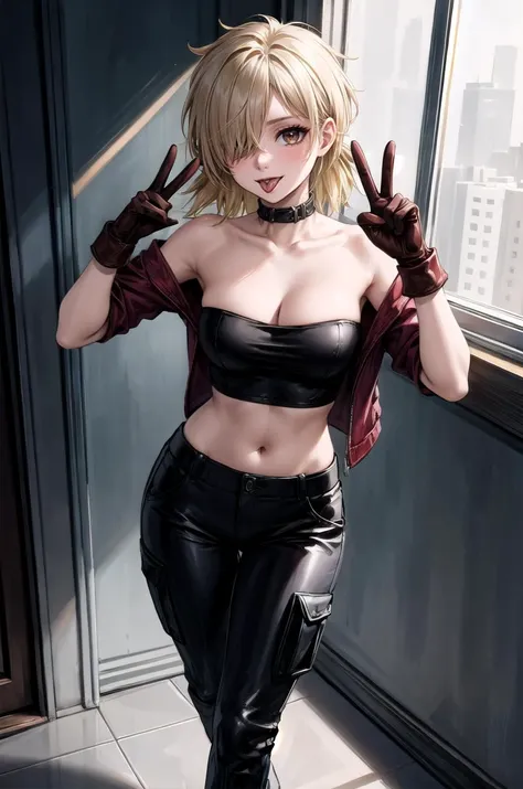 (masterpiece, best quality, detailed), 1girl, solo, looking at viewer, <lora:hellsing_serasvictoria:1>, seras victoria, hair over one eye, <lora:Leather_Bandeau_Cargo_Pants_By_Stable_Yogi:1> leather bandeau, leather cargo pants, gloves, stairs, indoors, stairwell, window, dark, night, shadow, peace sign, tongue out