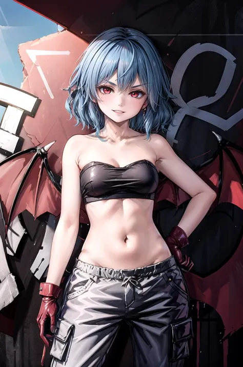 (masterpiece, best quality, detailed), 1girl, solo, looking at viewer, <lora:Remilia_Scarlet_Touhou:0.65>, Remilia_Scarlet_Touhou, red eyes, blue hair, short hair, vampire, <lora:Leather_Bandeau_Cargo_Pants_By_Stable_Yogi:0.8> leather bandeau, leather cargo pants, gloves, <lora:CONCEPT_graffiti_wall_ownwaifu:0.7>, CONCEPT_graffiti_wall_ownwaifu, www.ownwaifu.com, (graffiti:1.2), brick wall, dutch angle, hands on hips, smile, parted lips, evil smile, v-shaped eyebrows