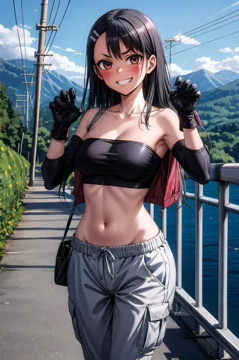 (masterpiece, best quality, detailed), 1girl, solo, looking at viewer, <lora:Nagatoro_V3:0.65>, nagatoro hayase, hair ornament, brown eyes, hairclip ,dark skin, black hair, <lora:Leather_Bandeau_Cargo_Pants_By_Stable_Yogi:1> leather bandeau, leather cargo pants, gloves, road, utility pole, guard rail, road sign, power lines, hill, railing, scenery, outdoors, mountainous horizon, landscape, claw pose, grin, v-shaped eyebrows, blush, teeth, smile