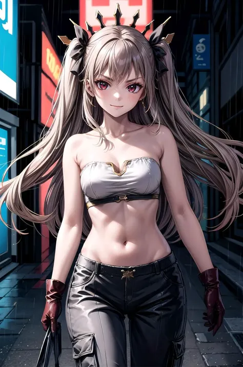 (masterpiece, best quality, detailed), 1girl, solo, looking at viewer, <lora:ishtar_(fate)_v1:0.7>, aaishtar, long hair, two side up, hair ribbon, tiara, parted bangs, <lora:Leather_Bandeau_Cargo_Pants_By_Stable_Yogi:0.8> leather bandeau, leather cargo pants, gloves, outdoors, cyberpunk, city, night, city lights, neon lights, graffiti, rain, science fiction, peace sign, smug, smile, closed mouth, v-shaped eyebrows