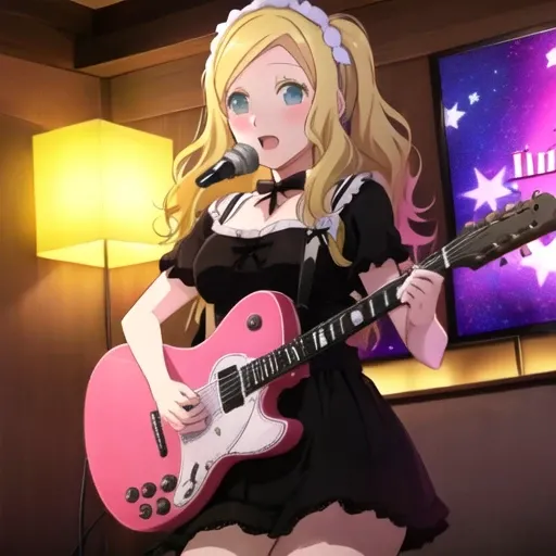 1girl, Carol, singing in a karaoke, night, colorfull