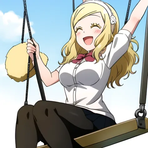 1girl, Carol, swinging on a swing, happy, eyelashes blond, closed eyes
