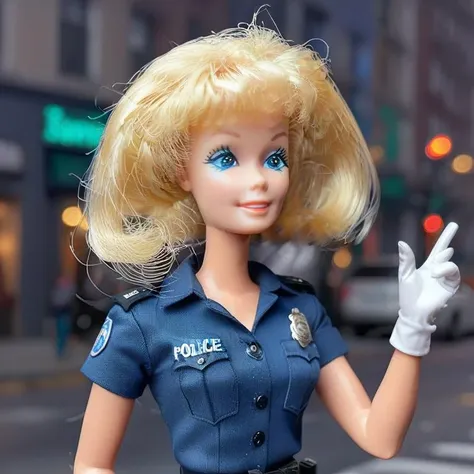 full body shot, <lora:Barbie_Doll_SDXL:1> Barbie wearing a police uniform, standing in the middle of a busy city intersection, directing traffic, whistle, white gloves