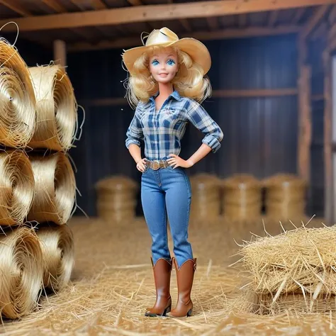 full body shot, <lora:Barbie_Doll_SDXL:1> Barbie wearing jeans, button up plaid shirt, cowboy hat, cowboy boots, standing in a hay barn