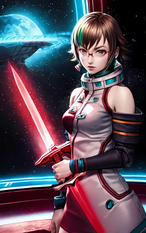 rico, glasses,multicolored_hair, brown hair, green hair, <lora:PSOricoV1:1>,
(masterpiece, best quality, high resolution),
holding red energy sword,
(spacecraft interior), night, star, space,
disdain,
1girl, solo,
