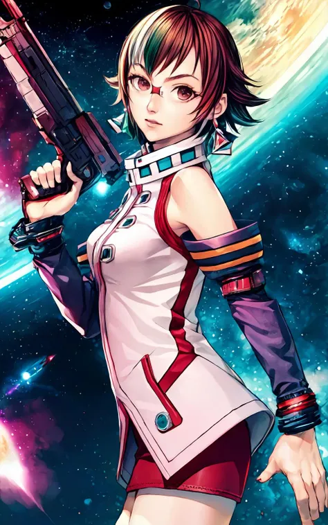 rico, glasses,multicolored_hair, brown hair, green hair, <lora:PSOricoV1:1>,
(masterpiece, best quality, high resolution),
holding red energy gun,
(spacecraft interior), night, star, space,
disdain,
1girl, solo,